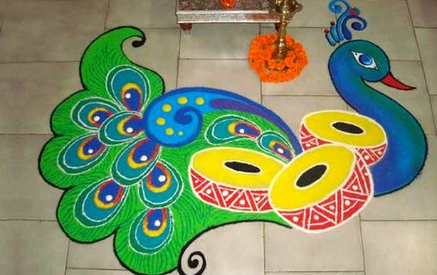 Peacock Rangoli Design - Simple & Beautiful Peacock Rangoli Designs for ...